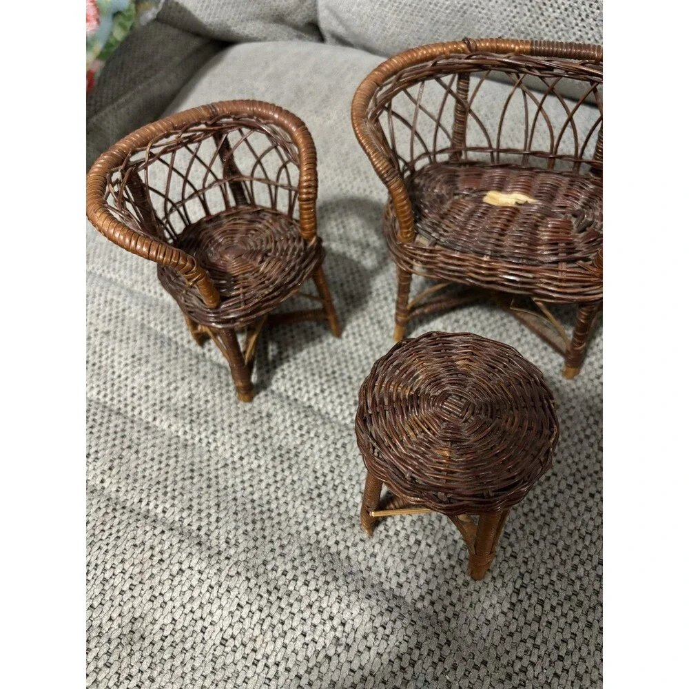 Vintage Miniature Wicker Doll Furniture Set Chairs Loveseat Table Rattan Lot
